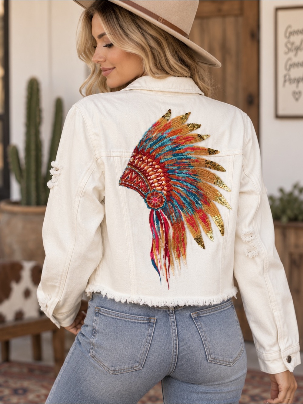 Savanna Jane Ivory Denim Jacket with Multicolor Feather Headdress Embroidery